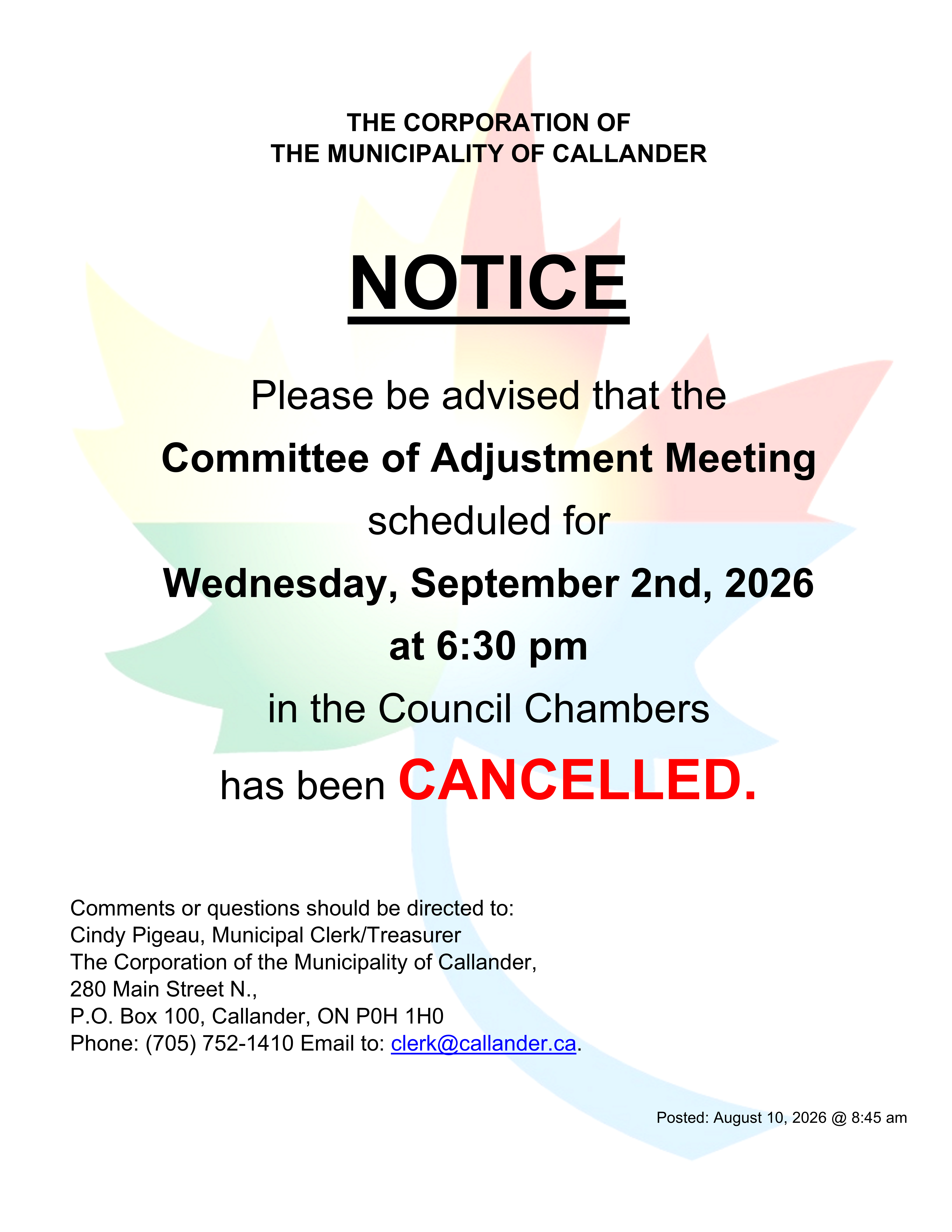 Notice of Cancellation - Committee of Adjustment Meeting